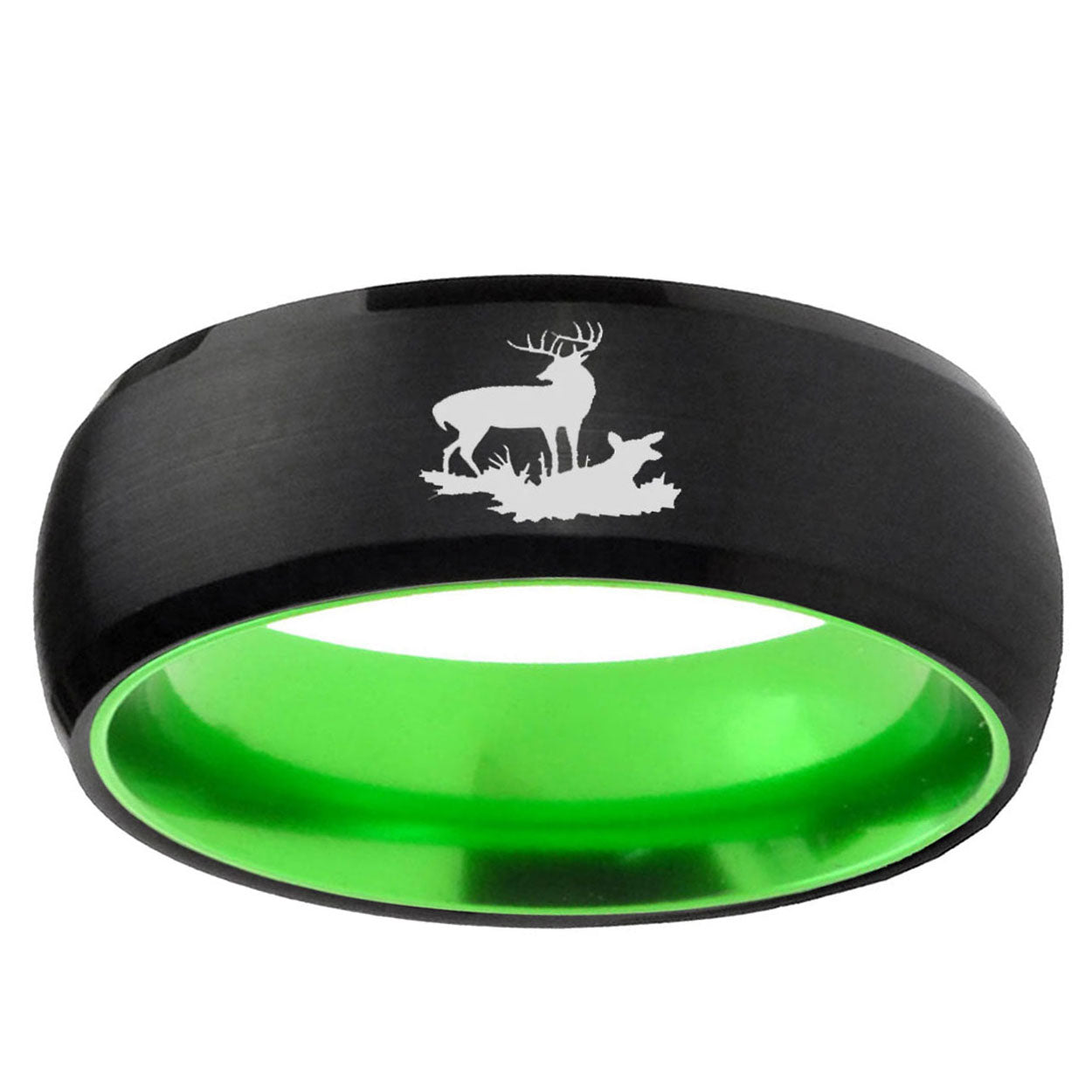 Deer Hunting Dome Black And Green Tungsten Mens Ring