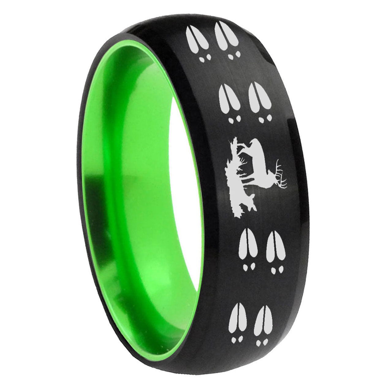 8mm Deer Hunting Tracks Dome Black And Green Tungsten Mens Ring