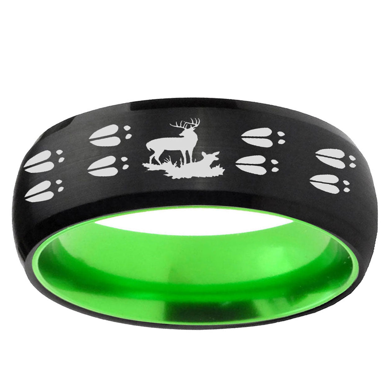 Deer Hunting Tracks Dome Black And Green Tungsten Mens Ring