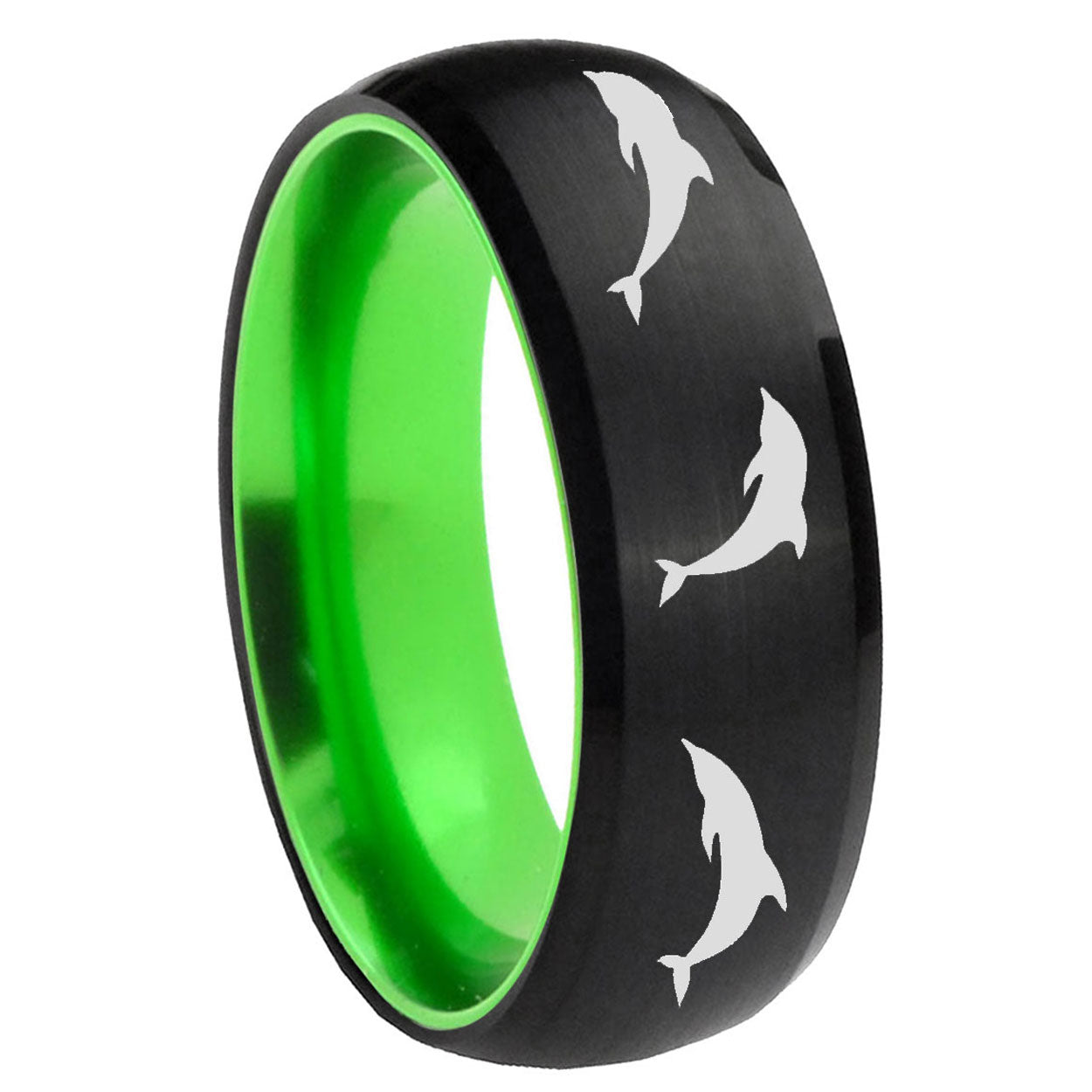 8mm Dolphins Dome Black And Green Tungsten Personalized Ring