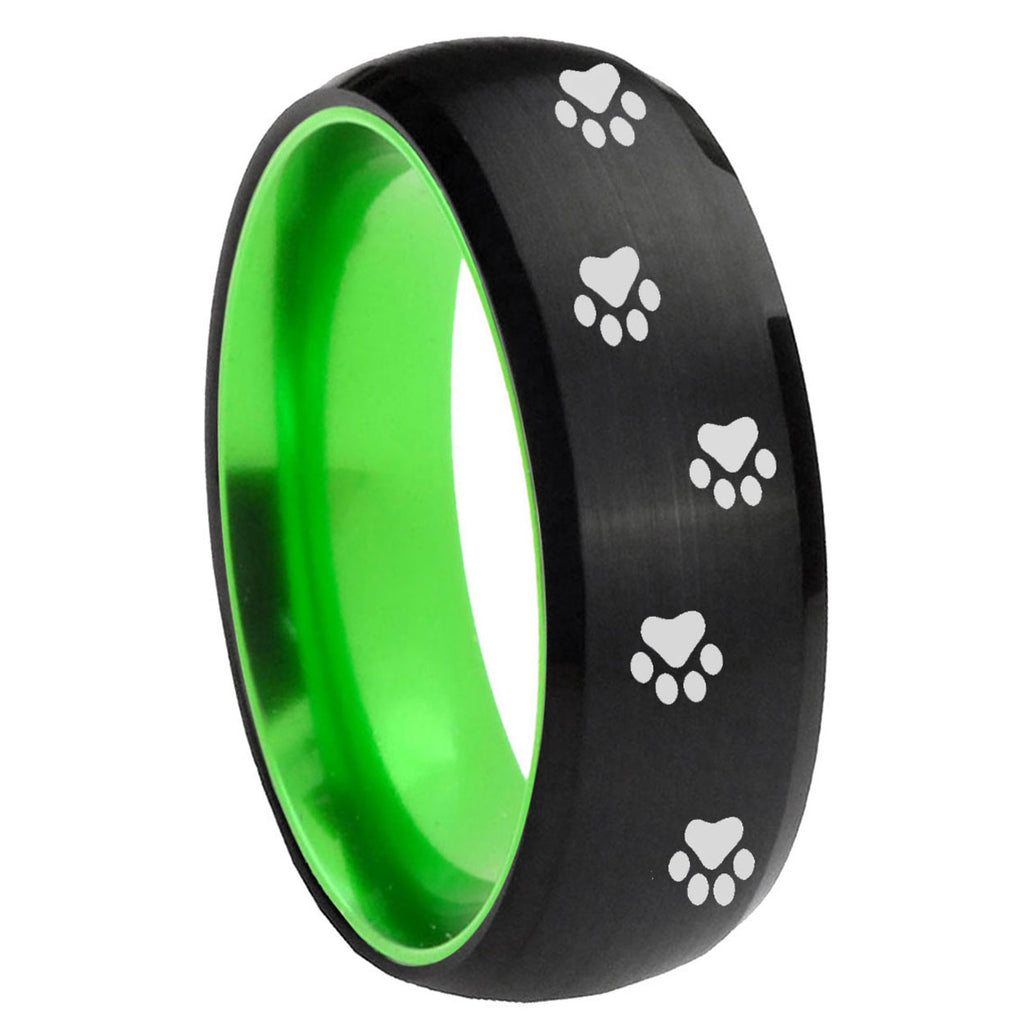 8mm Paw Print Dome Black And Green Tungsten Promise Ring
