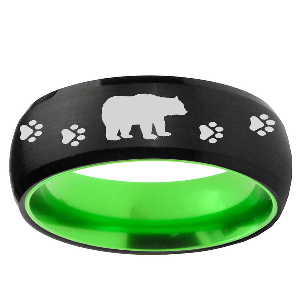 Bear and Paw Dome Black And Green Tungsten Ring for Men