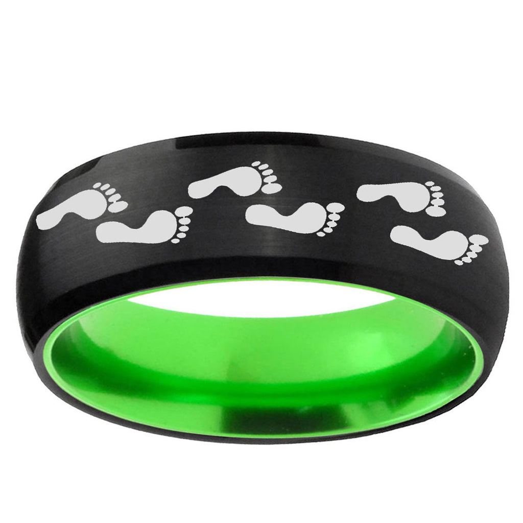 Foot Print Dome Black And Green Tungsten Wedding Band Men's