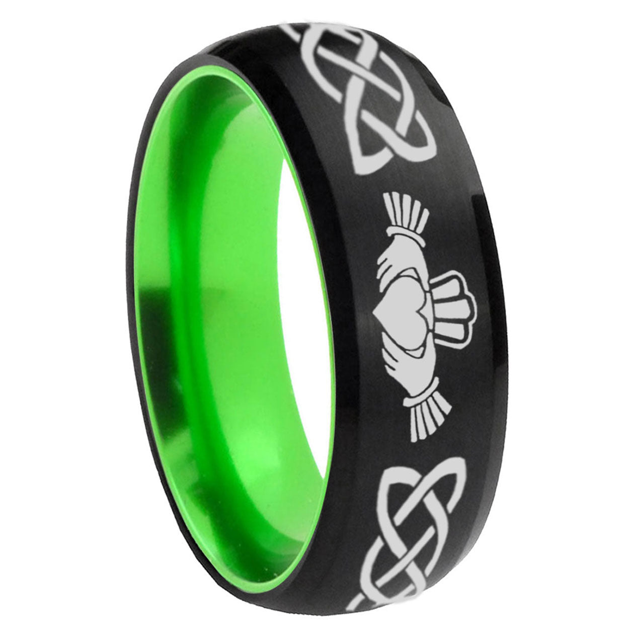 8mm Irish Claddagh Dome Black And Green Tungsten Wedding Band