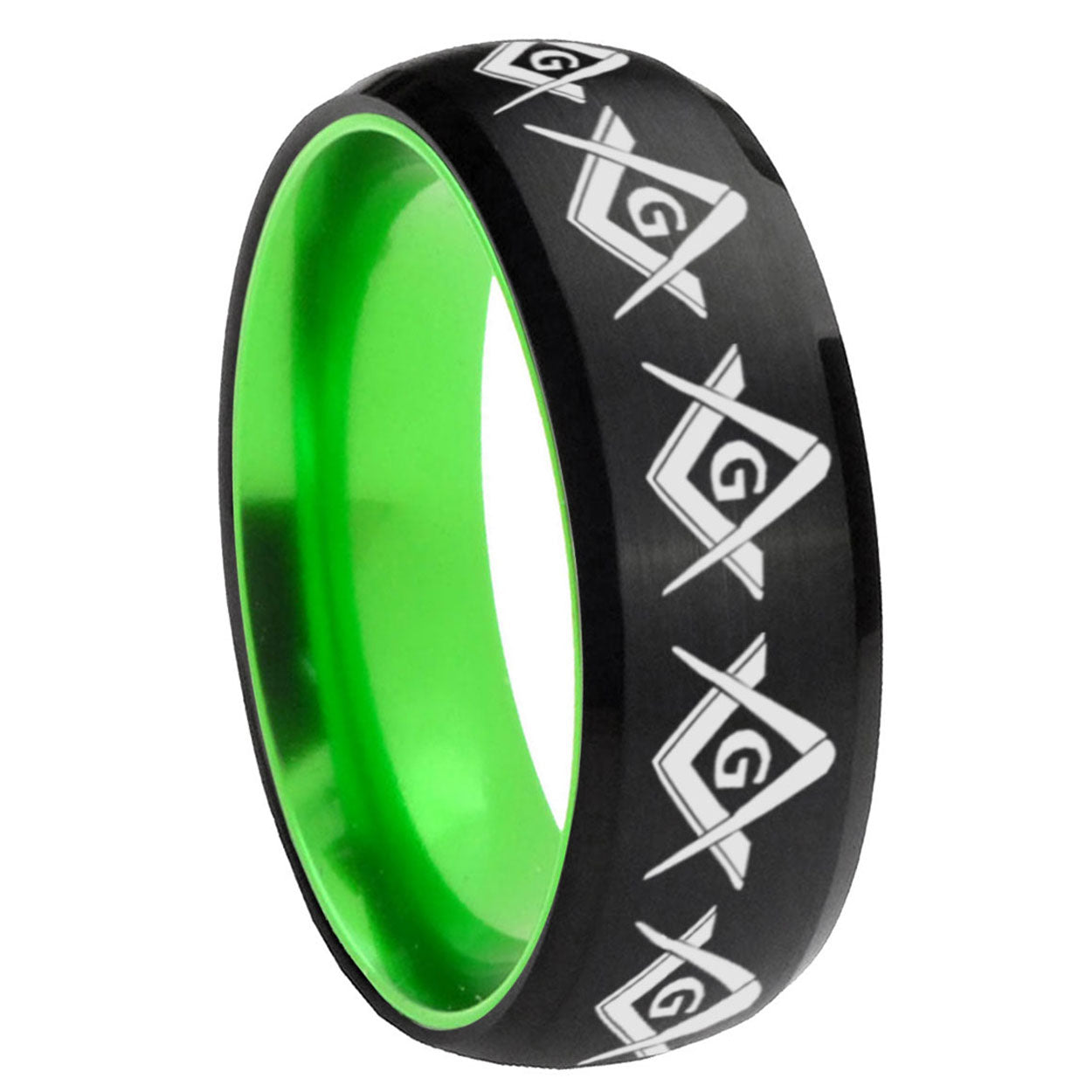 8mm Masonic Square Compass Dome Black Green Tungsten Band
