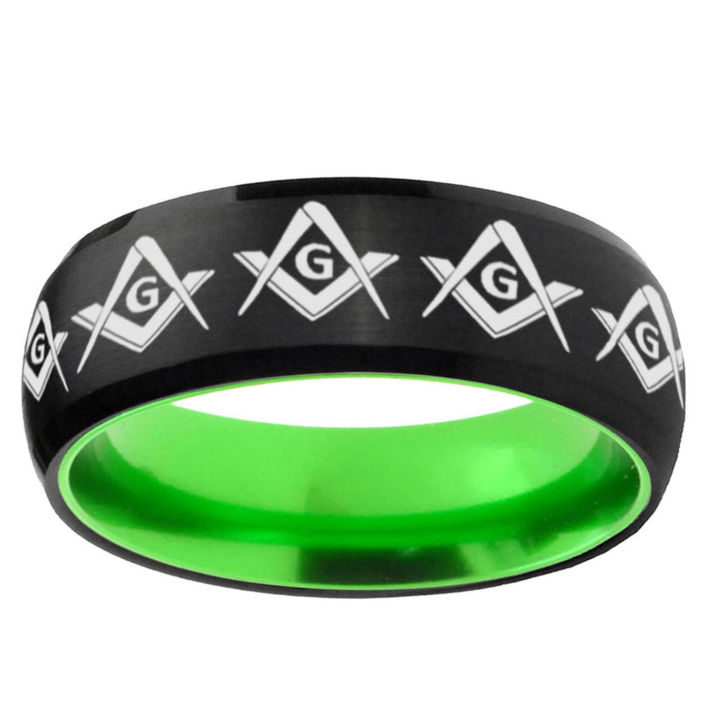 Masonic Square Compass Dome Black Green Tungsten Band