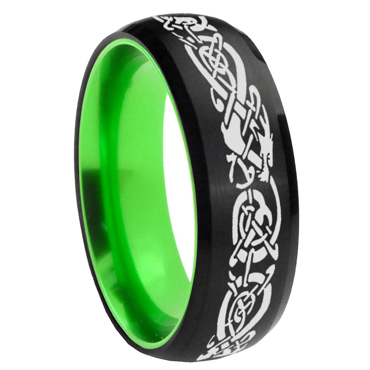 8mm Celtic Dragon Dome Black And Green Tungsten Mens Ring
