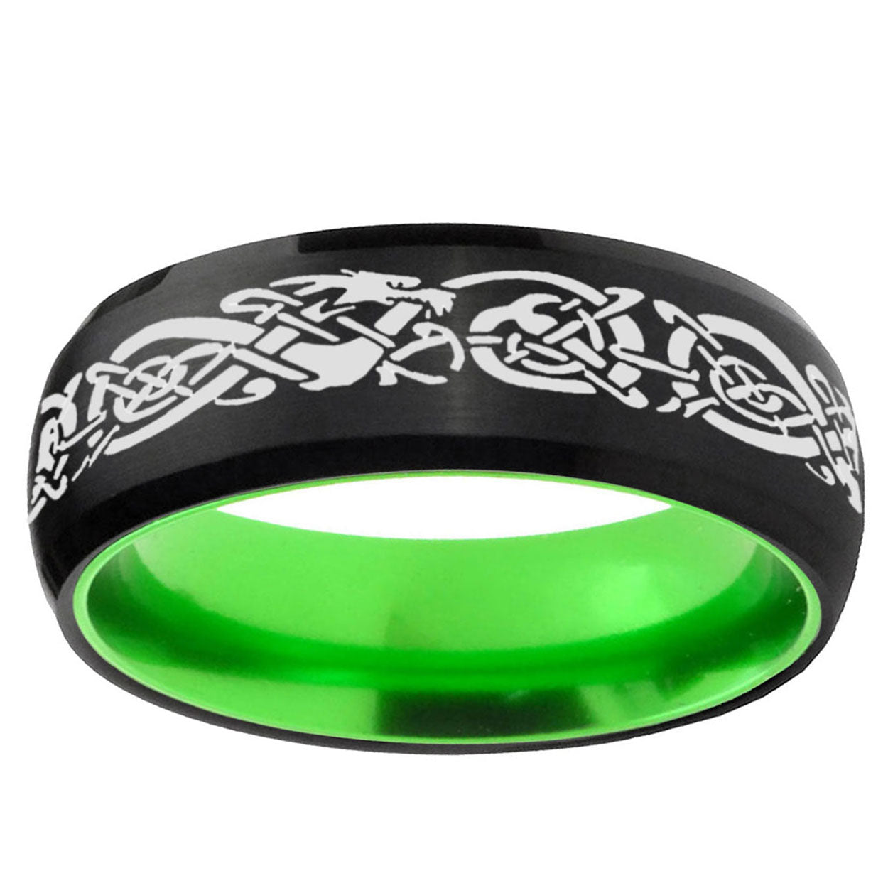 Celtic Dragon Dome Black And Green Tungsten Mens Ring