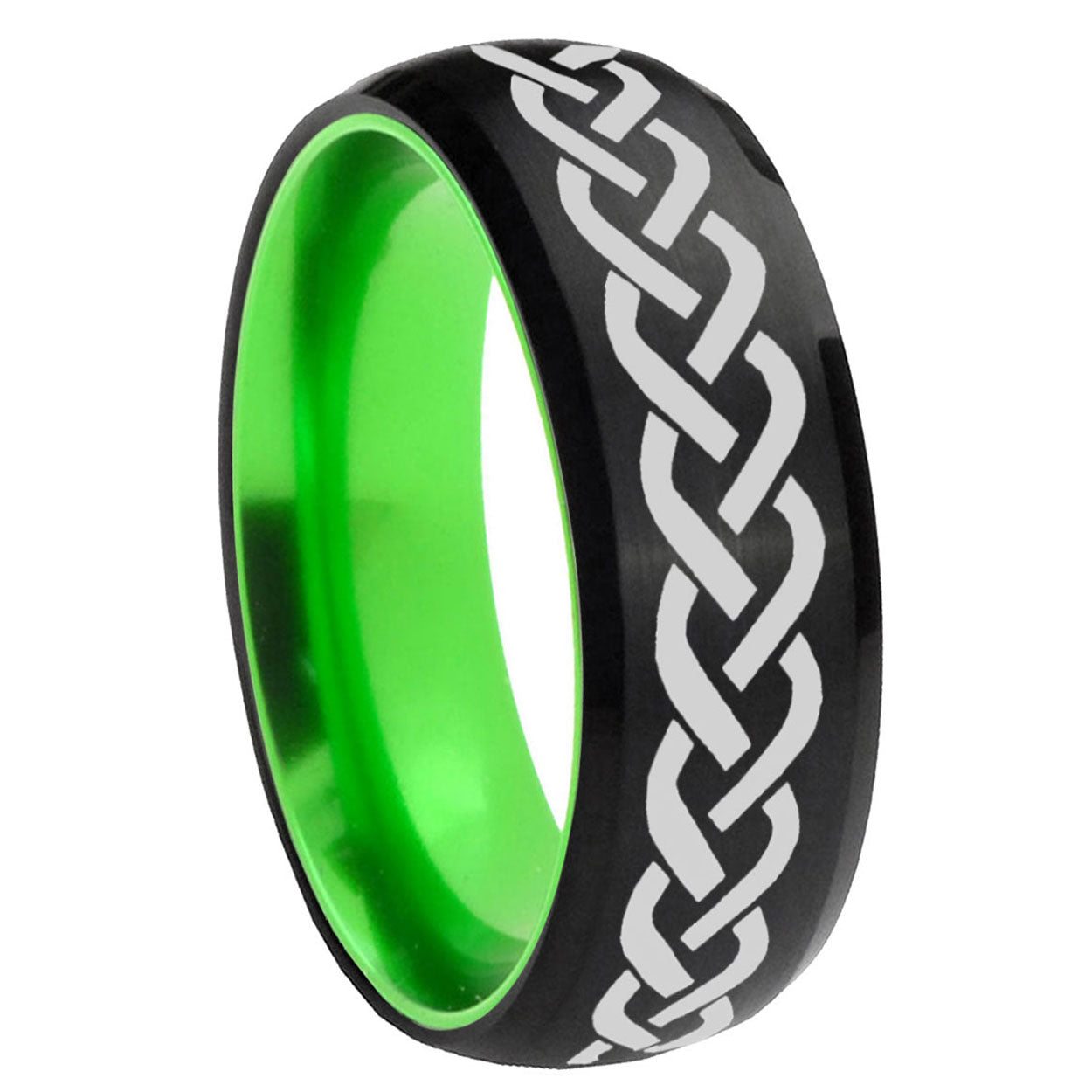 8mm Laser Celtic Knot Dome Black Green Tungsten Engraved Band