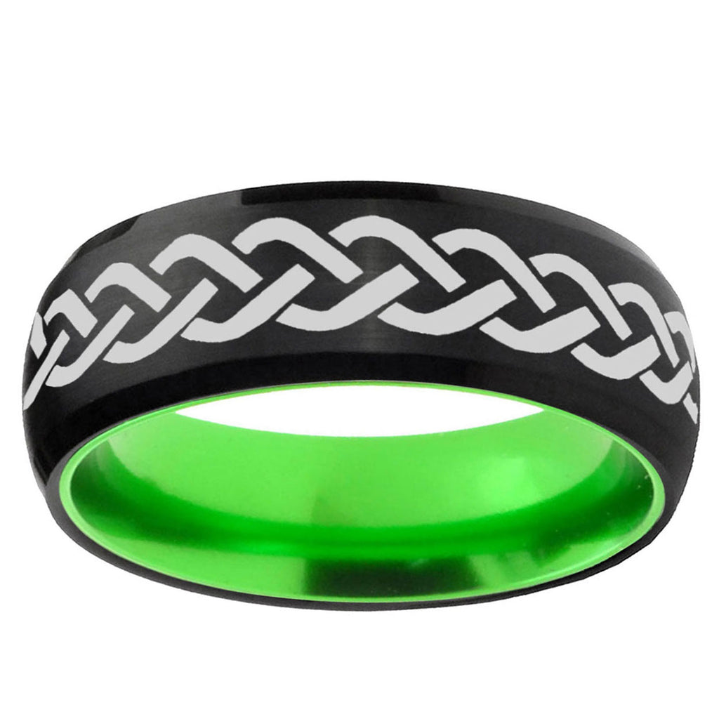 Laser Celtic Knot Dome Black Green Tungsten Engraved Band