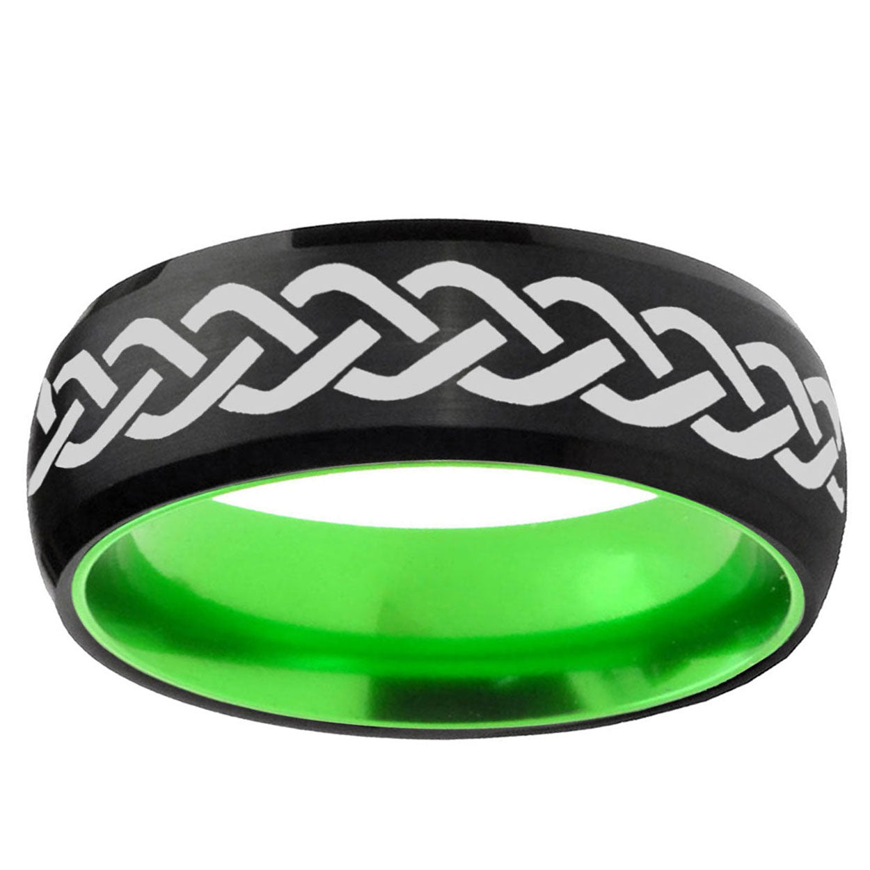 Laser Celtic Knot Dome Black Green Tungsten Engraved Band