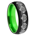 8mm Celtic Knot Heart Dome Black And Green Tungsten Mens Ring