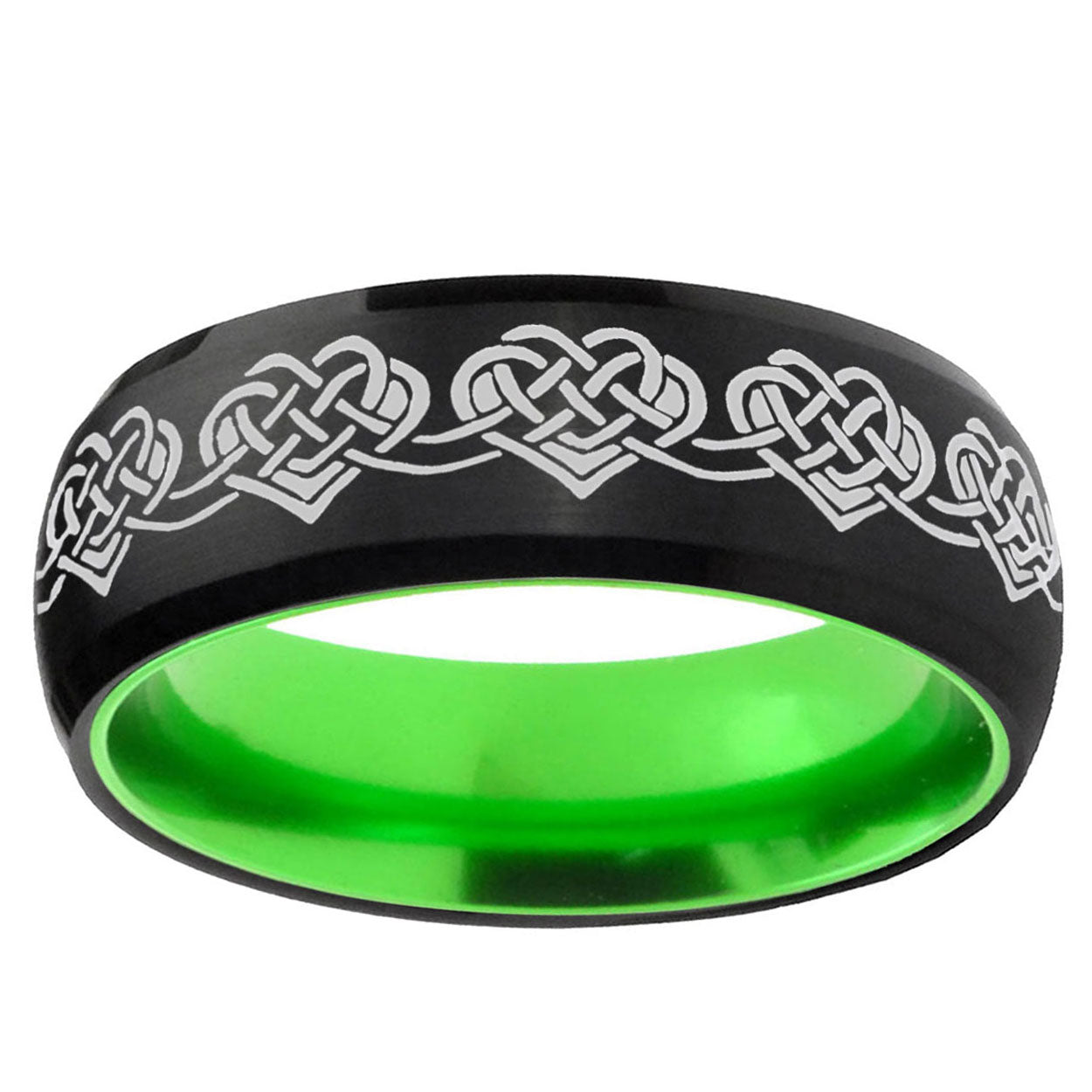 Celtic Knot Heart Dome Black And Green Tungsten Mens Ring