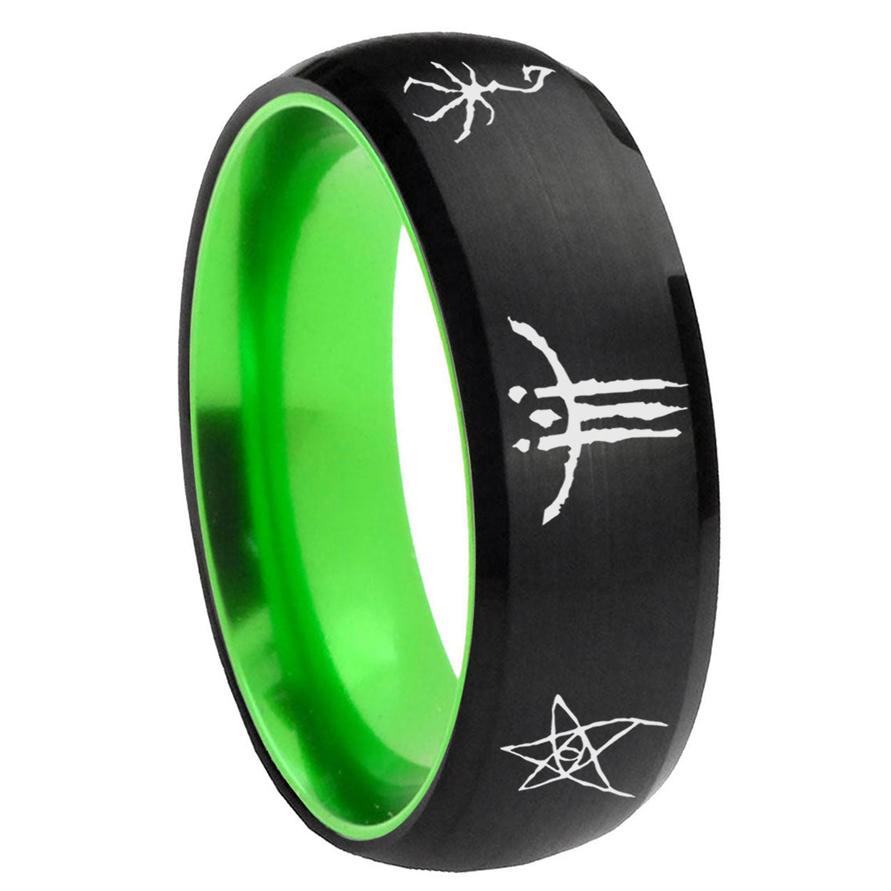8mm Blackborne Caryll Runes Dome Black Green Tungsten Mens Bands