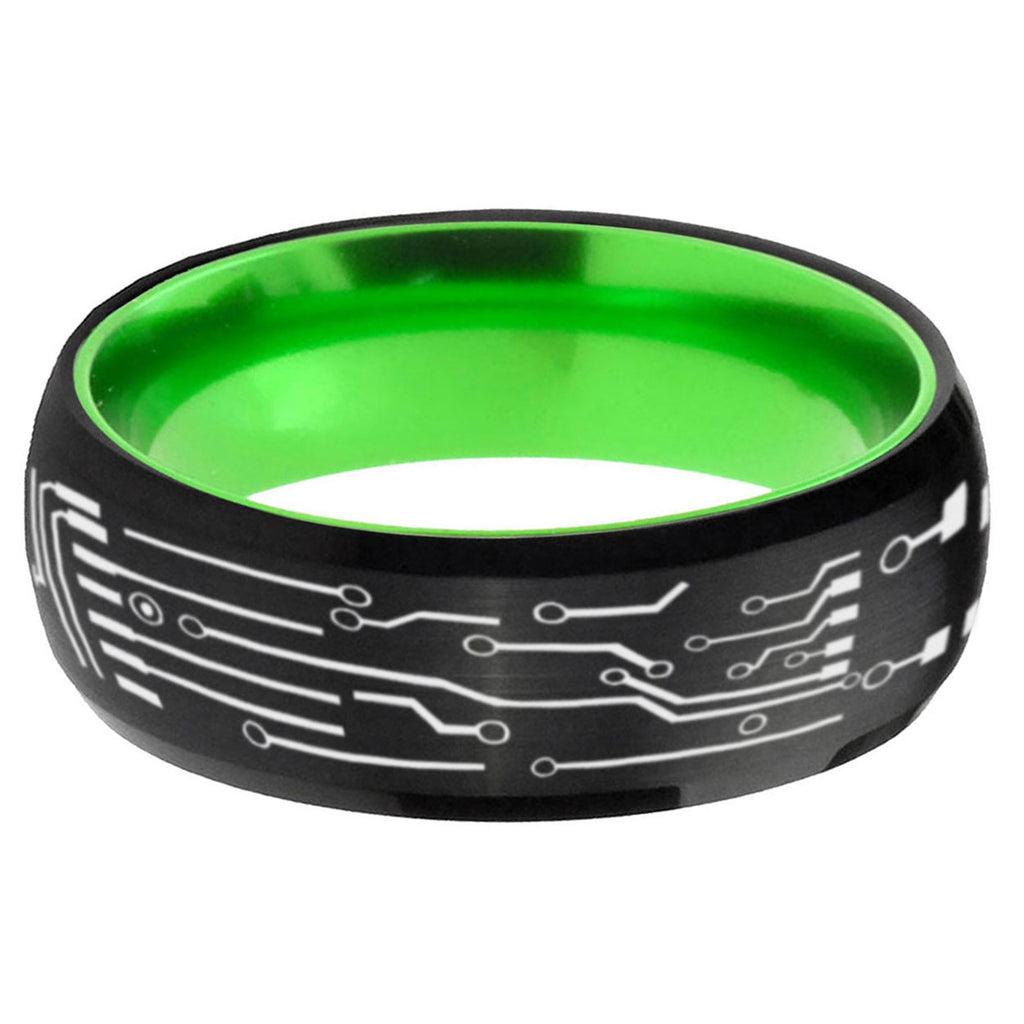 Circuit Board Dome Black Green Tungsten Mens Bands