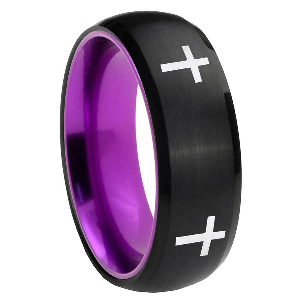 8mm Crosses Dome Black And Purple Tungsten Custom Men's Ring