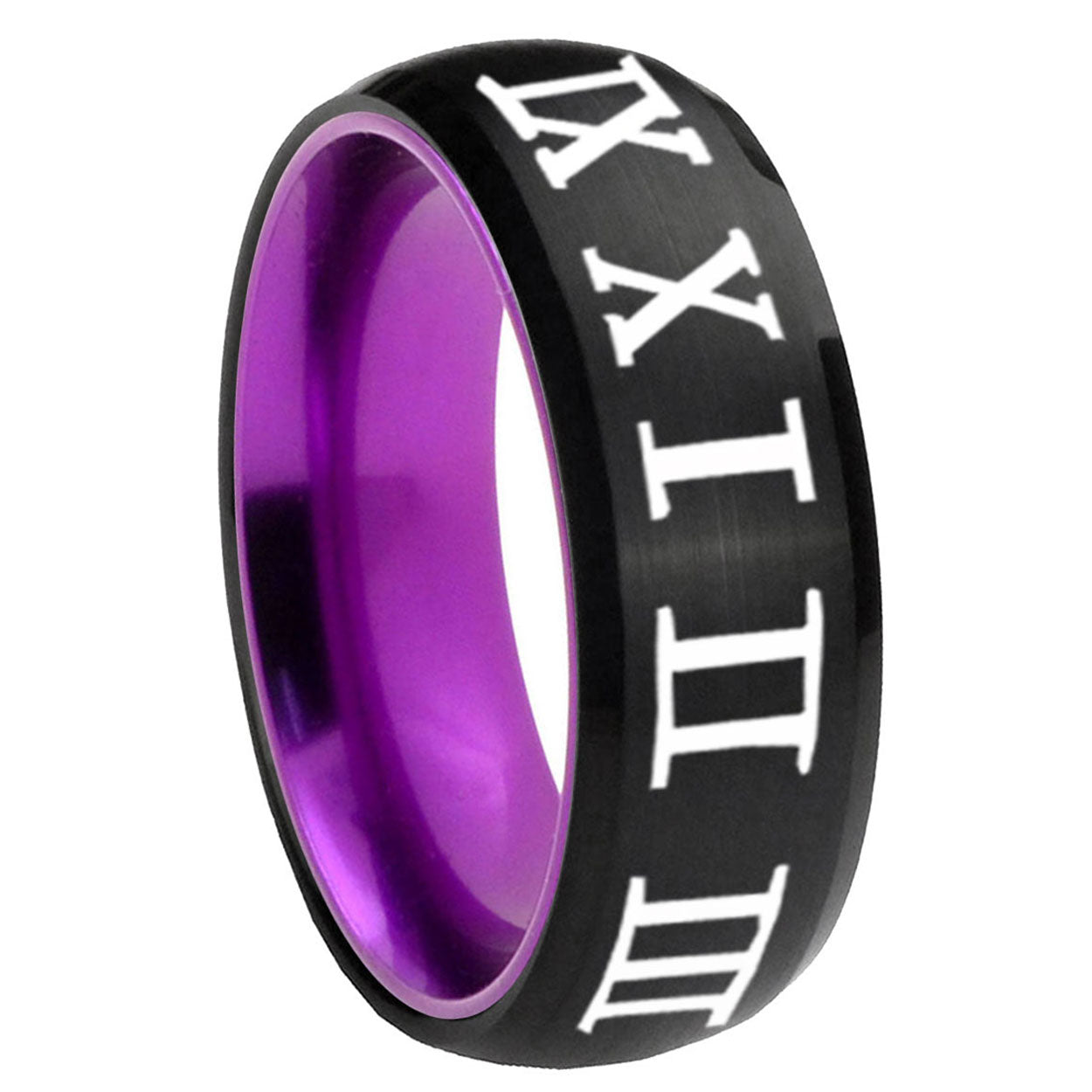 8mm Roman Numeral Dome Black Purple Tungsten Ring for Men