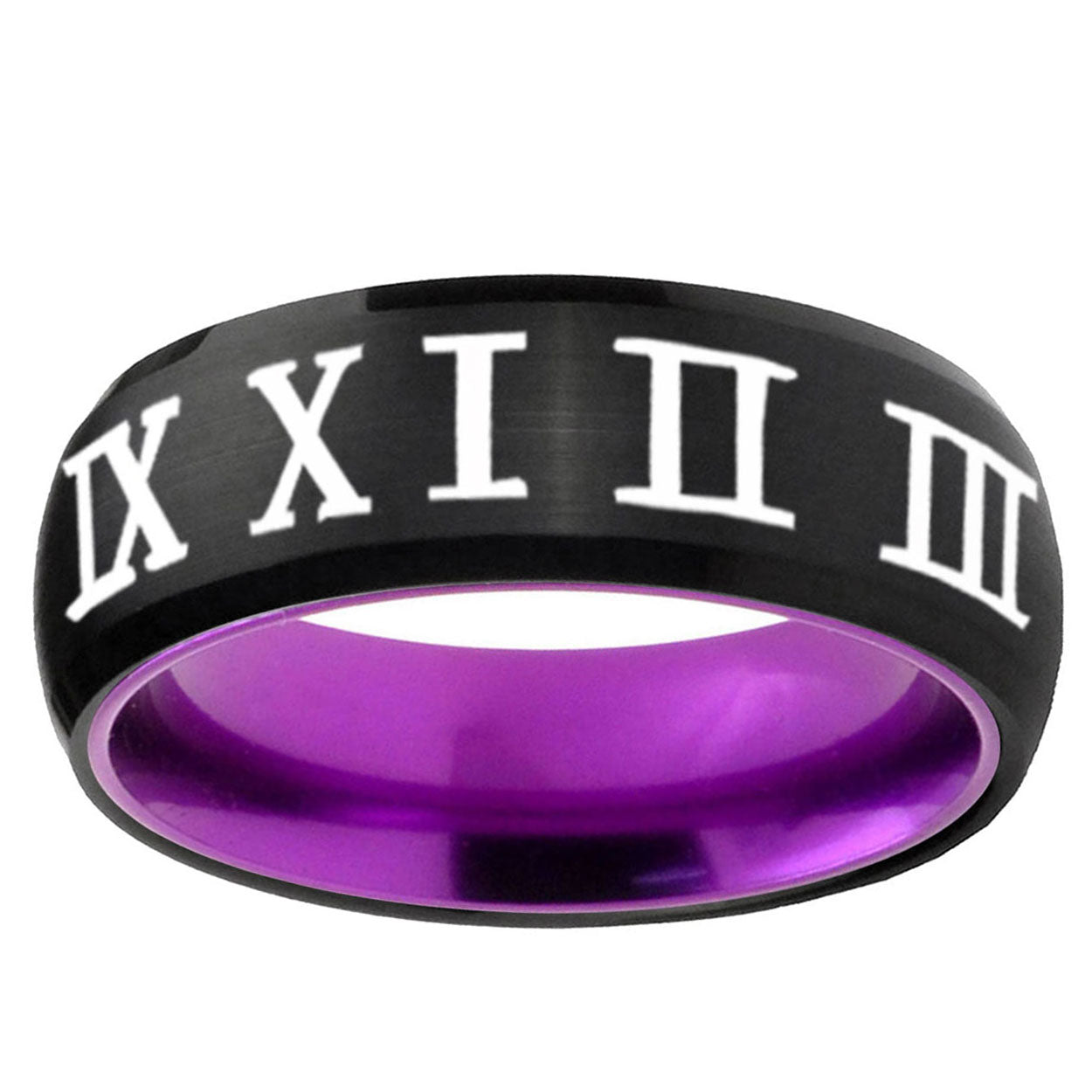 Roman Numeral Dome Black Purple Tungsten Ring for Men