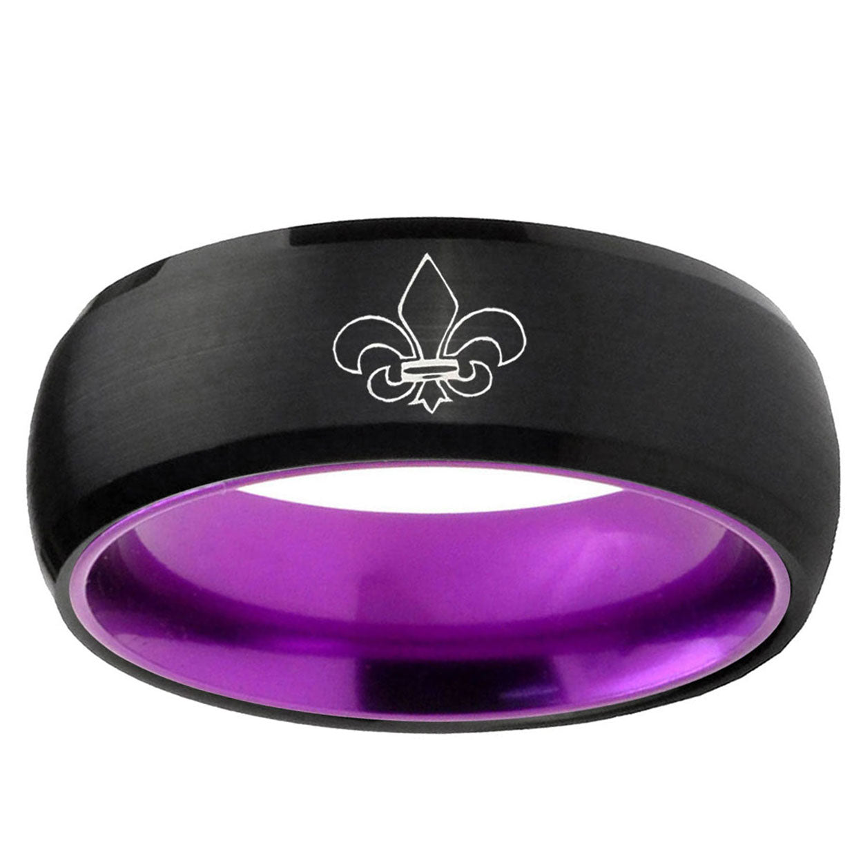 Fleur-De-Lis Dome Black And Purple Tungsten Engraved Ring