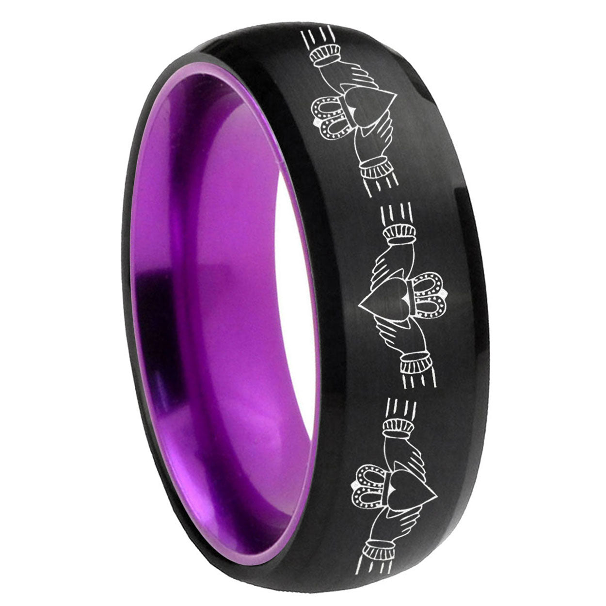 8mm Irish Claddagh Dome Black Purple Tungsten Engagement Ring