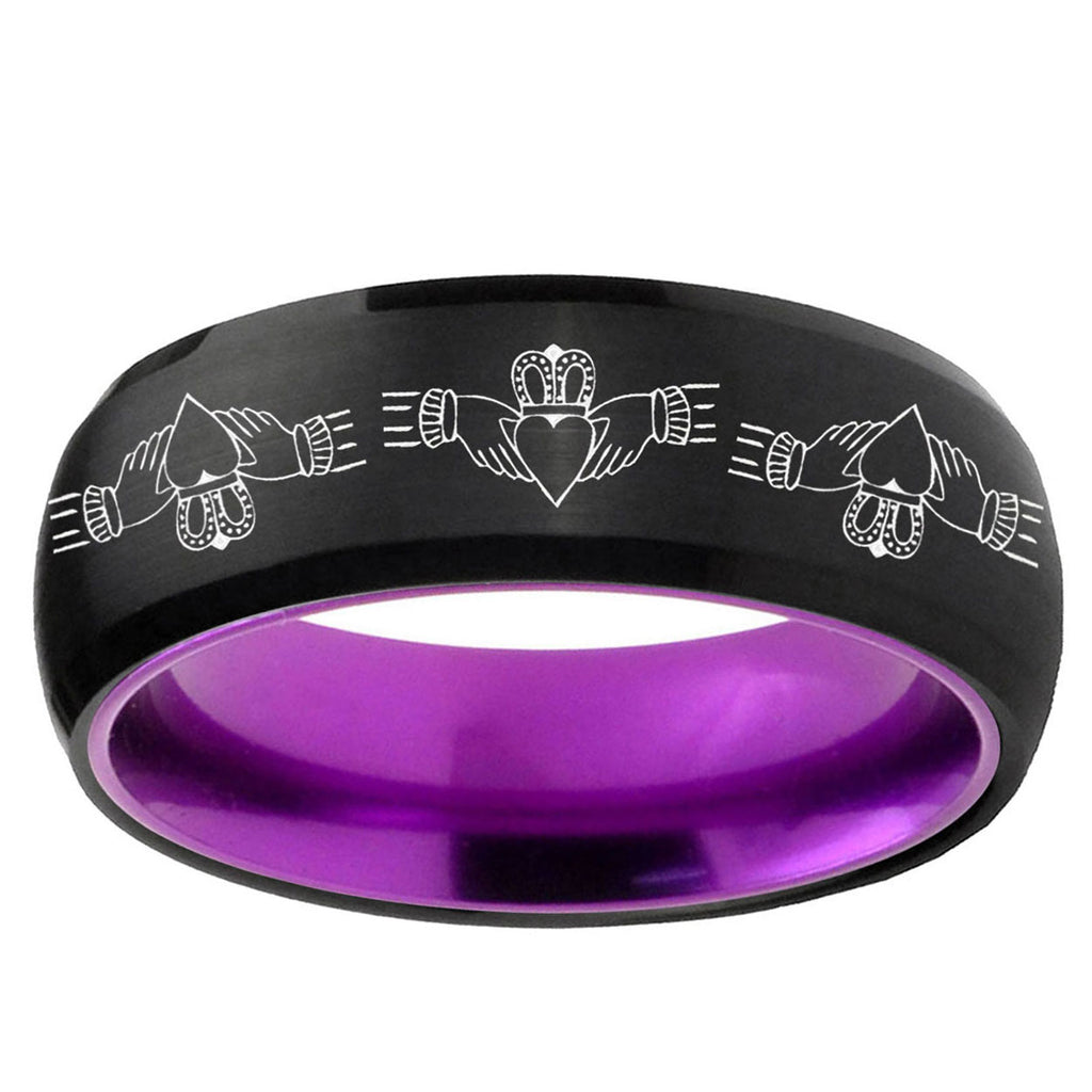 Irish Claddagh Dome Black Purple Tungsten Engagement Ring