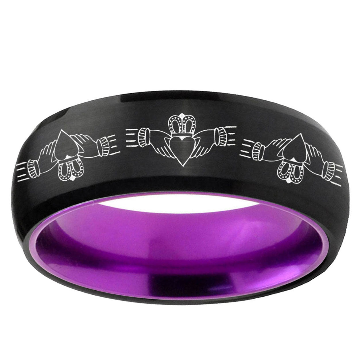Irish Claddagh Dome Black Purple Tungsten Engagement Ring