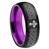 8mm Celtic Cross Dome Black And Purple Tungsten Carbide Engraved Ring