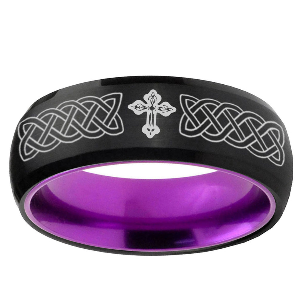 Celtic Cross Dome Black And Purple Tungsten Engraved Ring