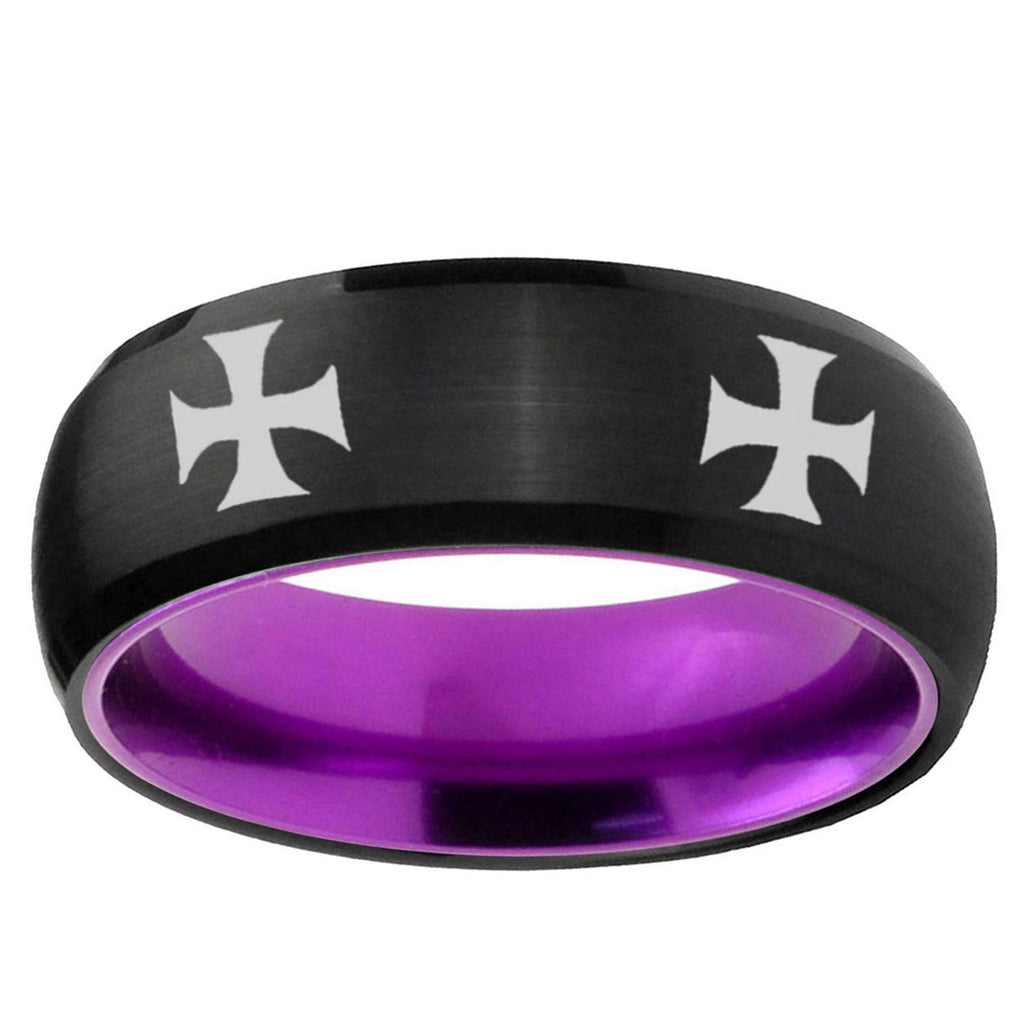 4 Maltese Cross Dome Black And Purple Tungsten Bands Ring