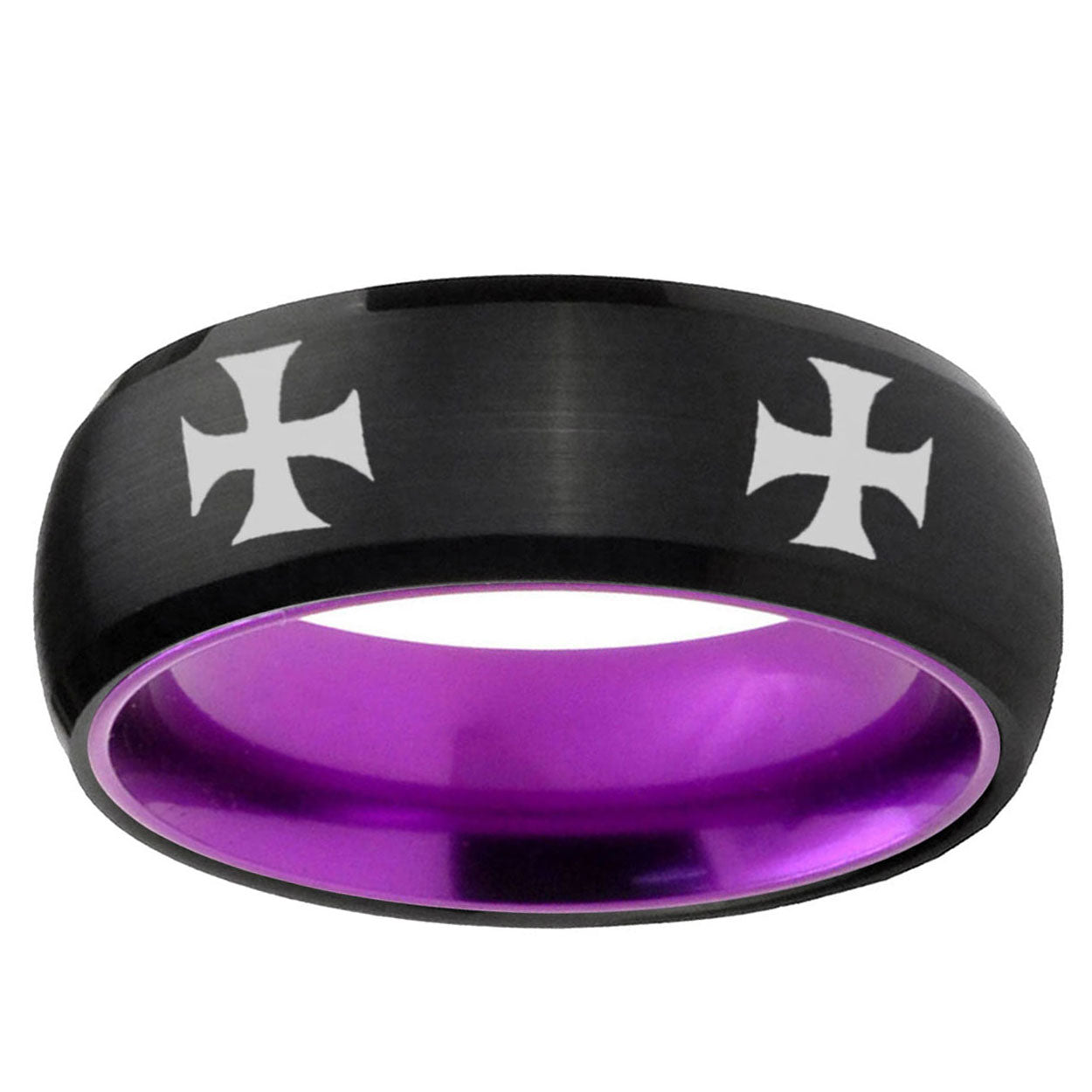 4 Maltese Cross Dome Black And Purple Tungsten Bands Ring