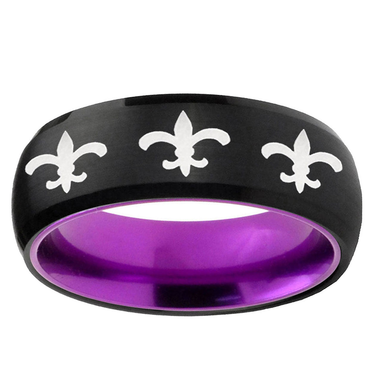 Multiple Fleur-De-Lis Dome Black Purple Tungsten Ring
