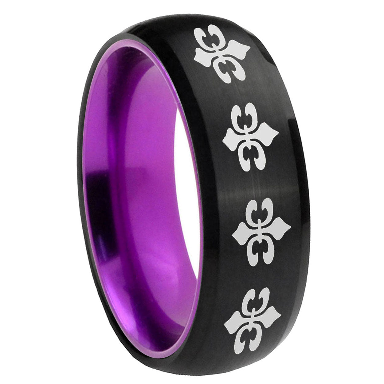 8mm Multiple Fleur-De-Lis Dome Black Purple Tungsten Mens Ring