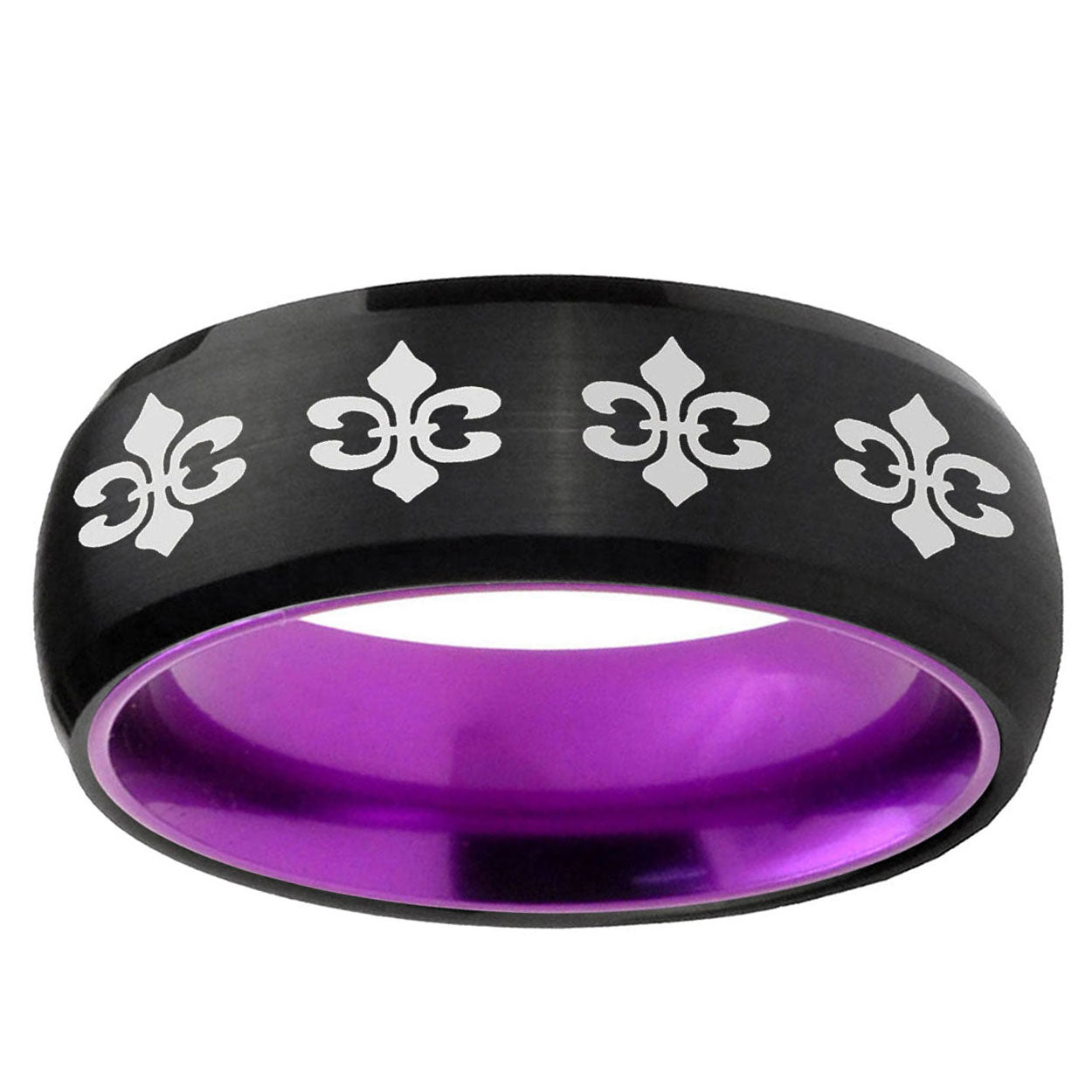 Multiple Fleur-De-Lis Dome Black Purple Tungsten Mens Ring