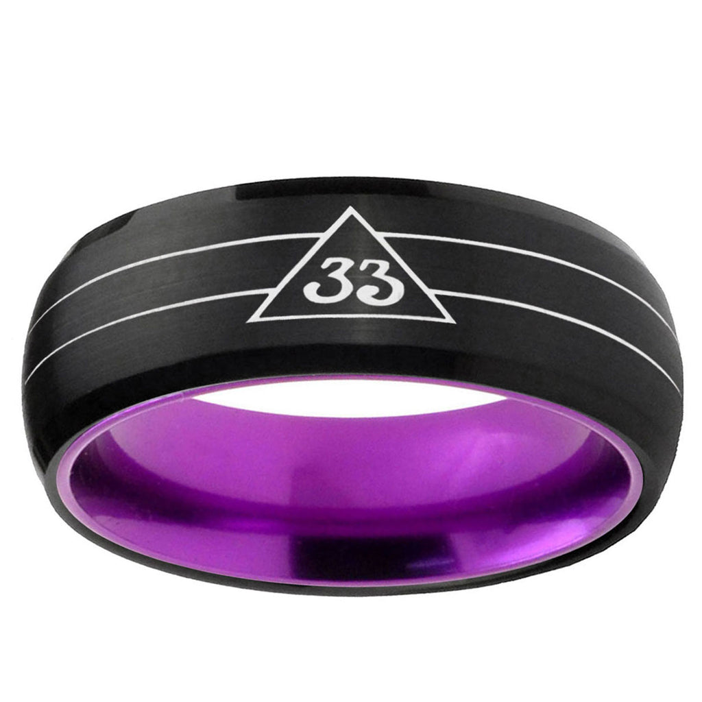 Masonic 32 Duo Line Freemason Dome Black Purple Tungsten Ring