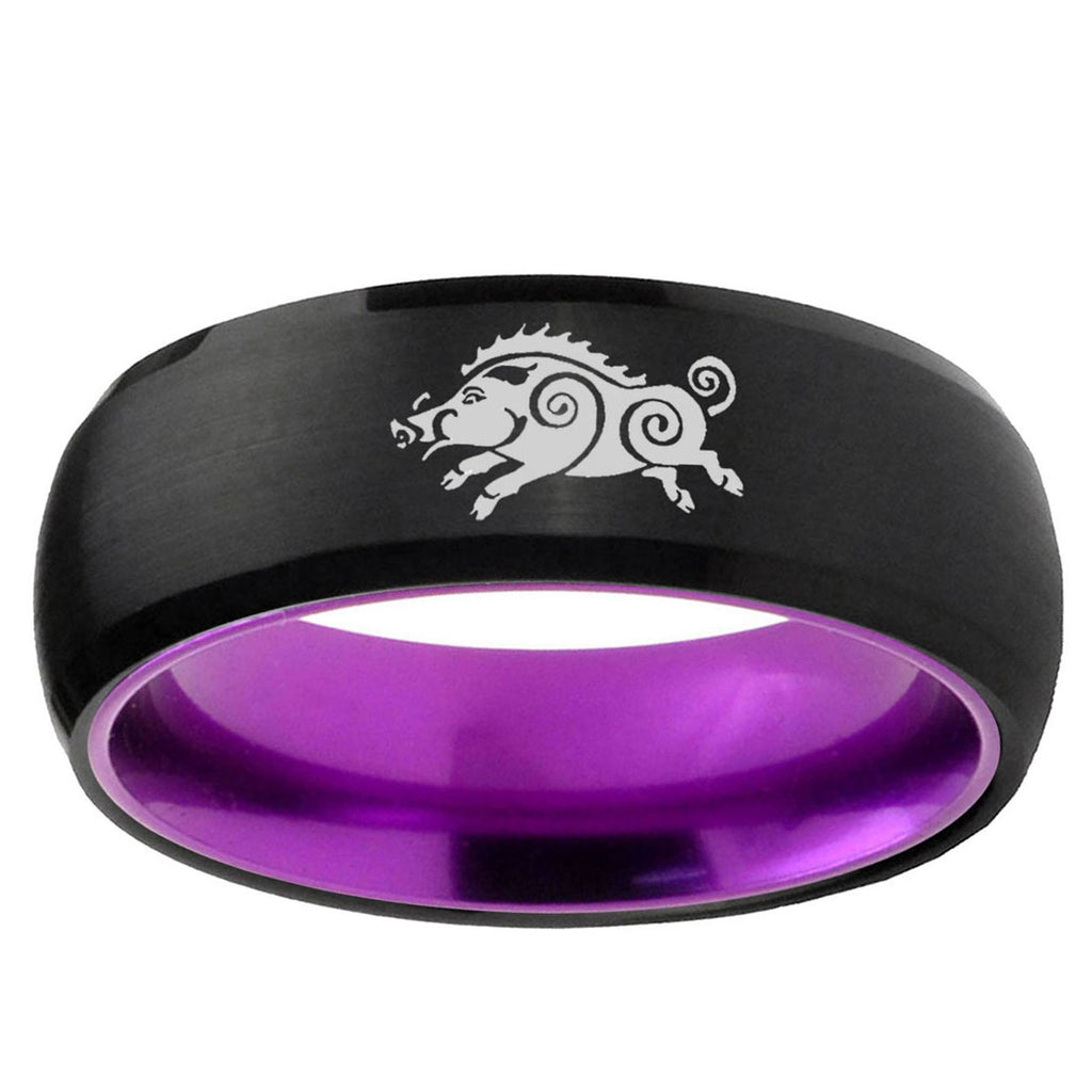Wild Boar Dome Black And Purple Tungsten Engagement Ring