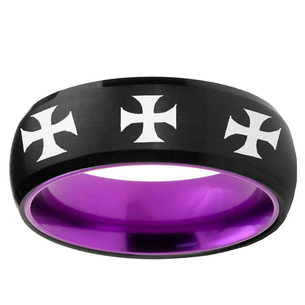 Multiple Maltese Cross Dome Black And Purple Tungsten Ring