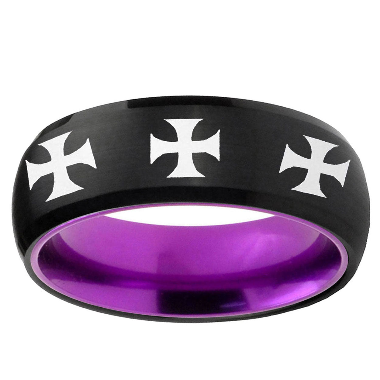 Multiple Maltese Cross Dome Black And Purple Tungsten Ring