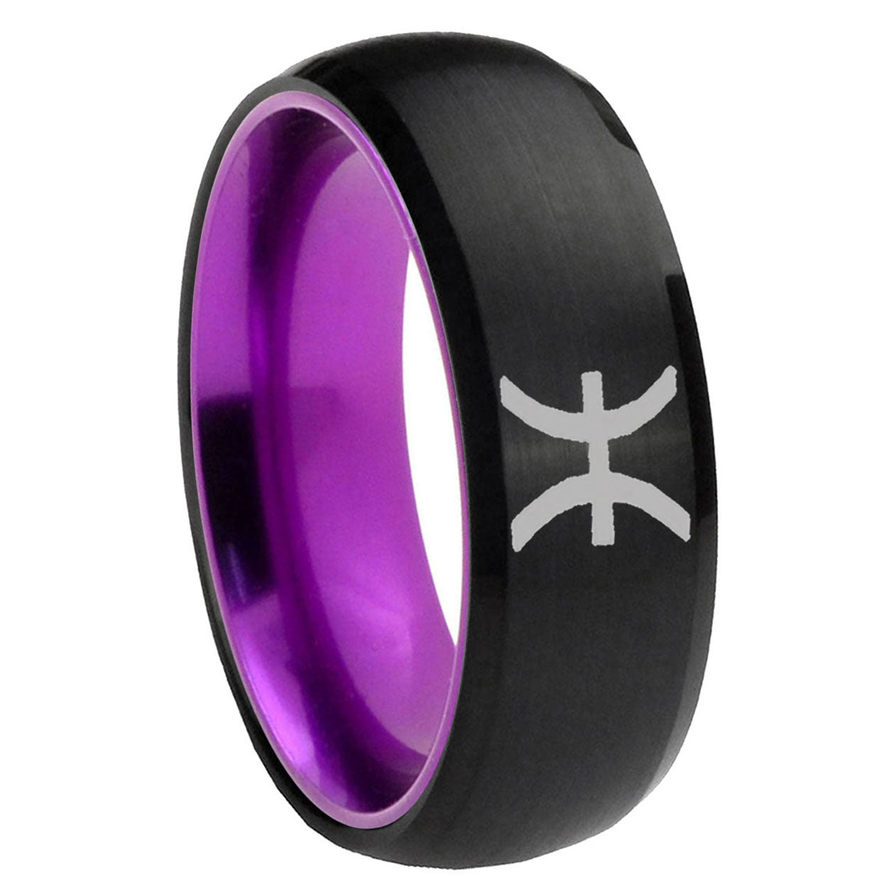 8mm Pisces Zodiac Dome Black And Purple Tungsten Custom Ring