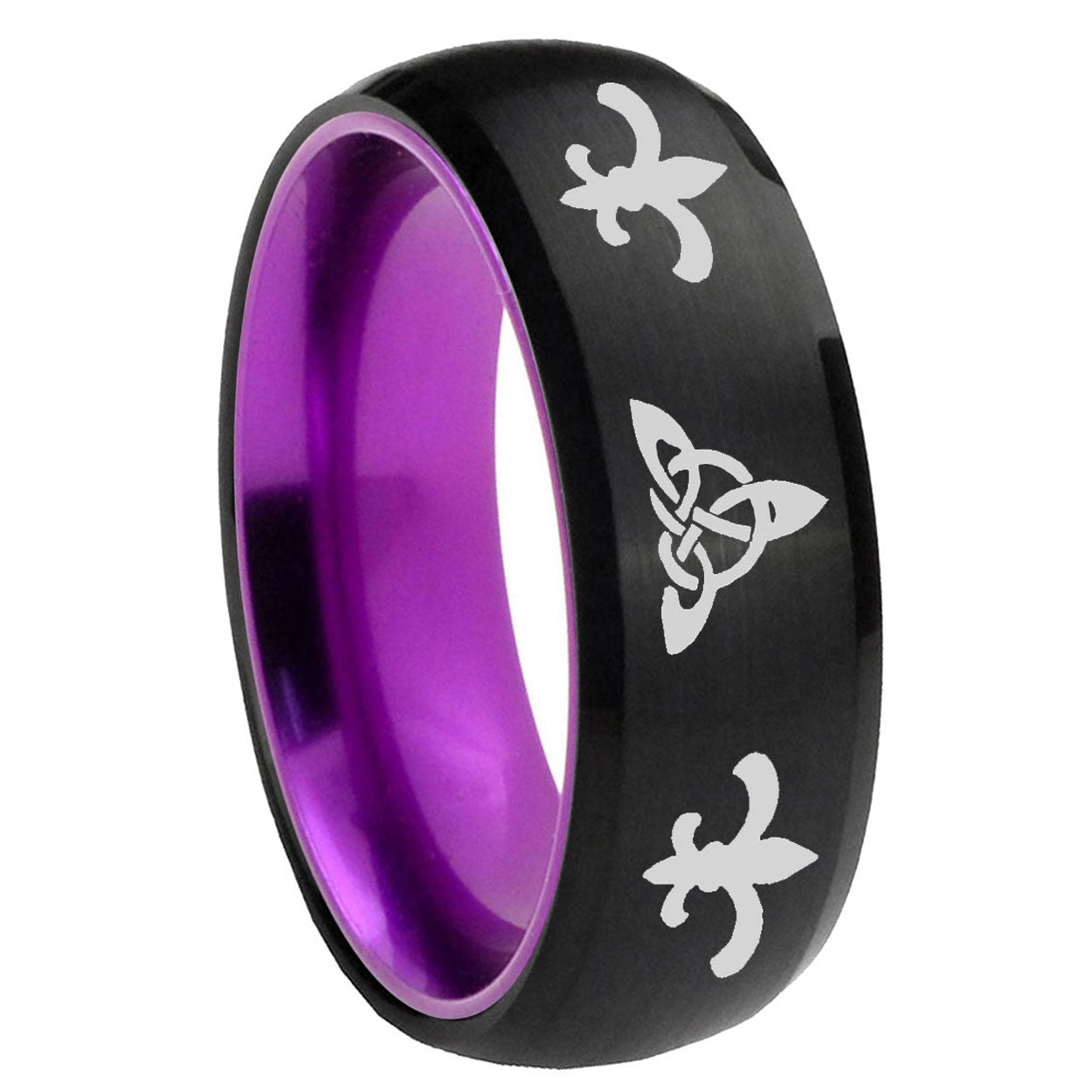 8mm Celtic Triangle Fleur-De-Lis Dome Black Purple Tungsten Ring