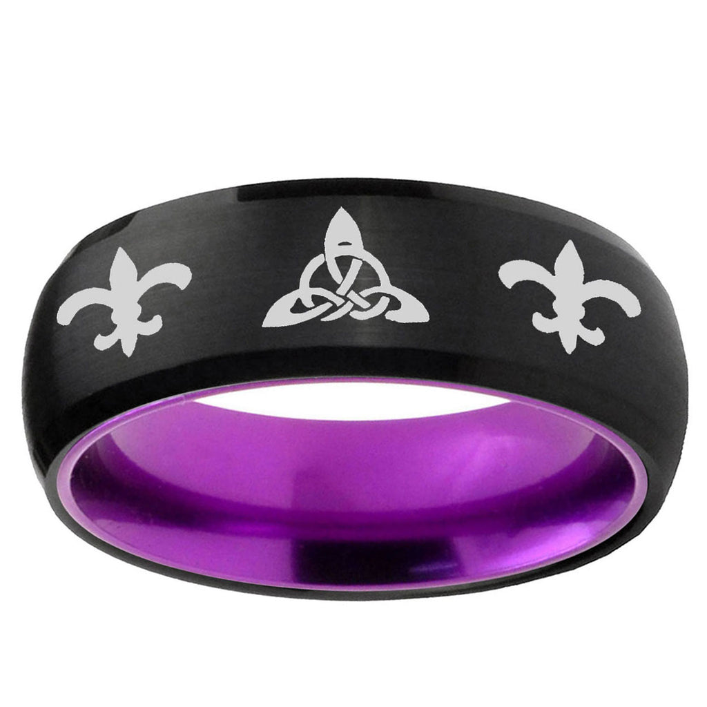 Celtic Triangle Fleur-De-Lis Dome Black Purple Tungsten Ring