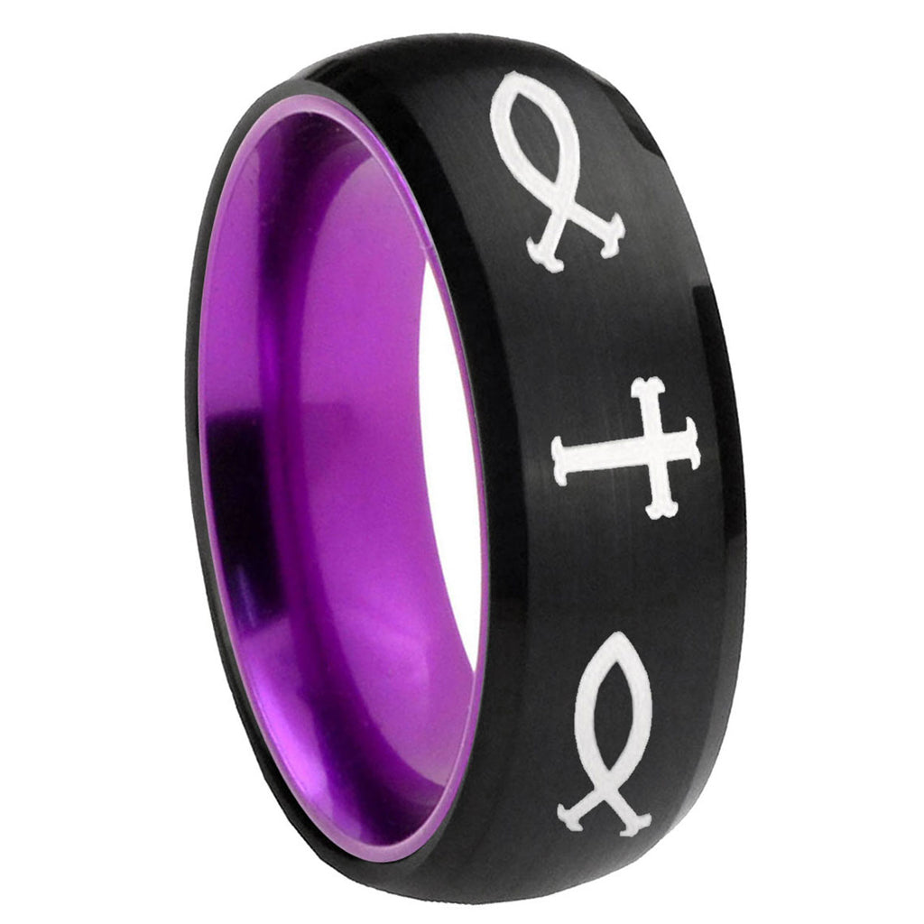 8mm Fish & Cross Dome Black And Purple Tungsten Wedding Band