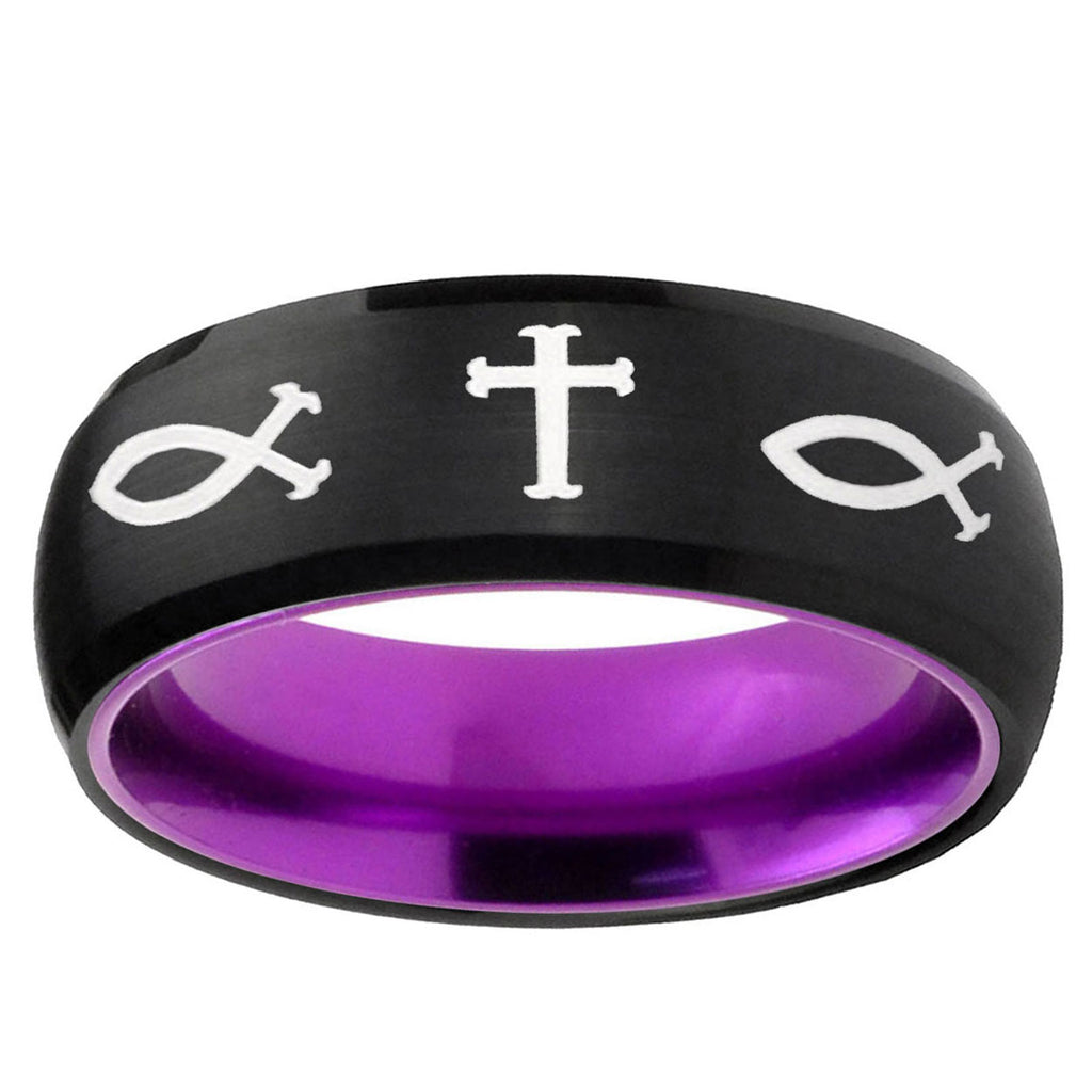 Fish & Cross Dome Black And Purple Tungsten Wedding Band