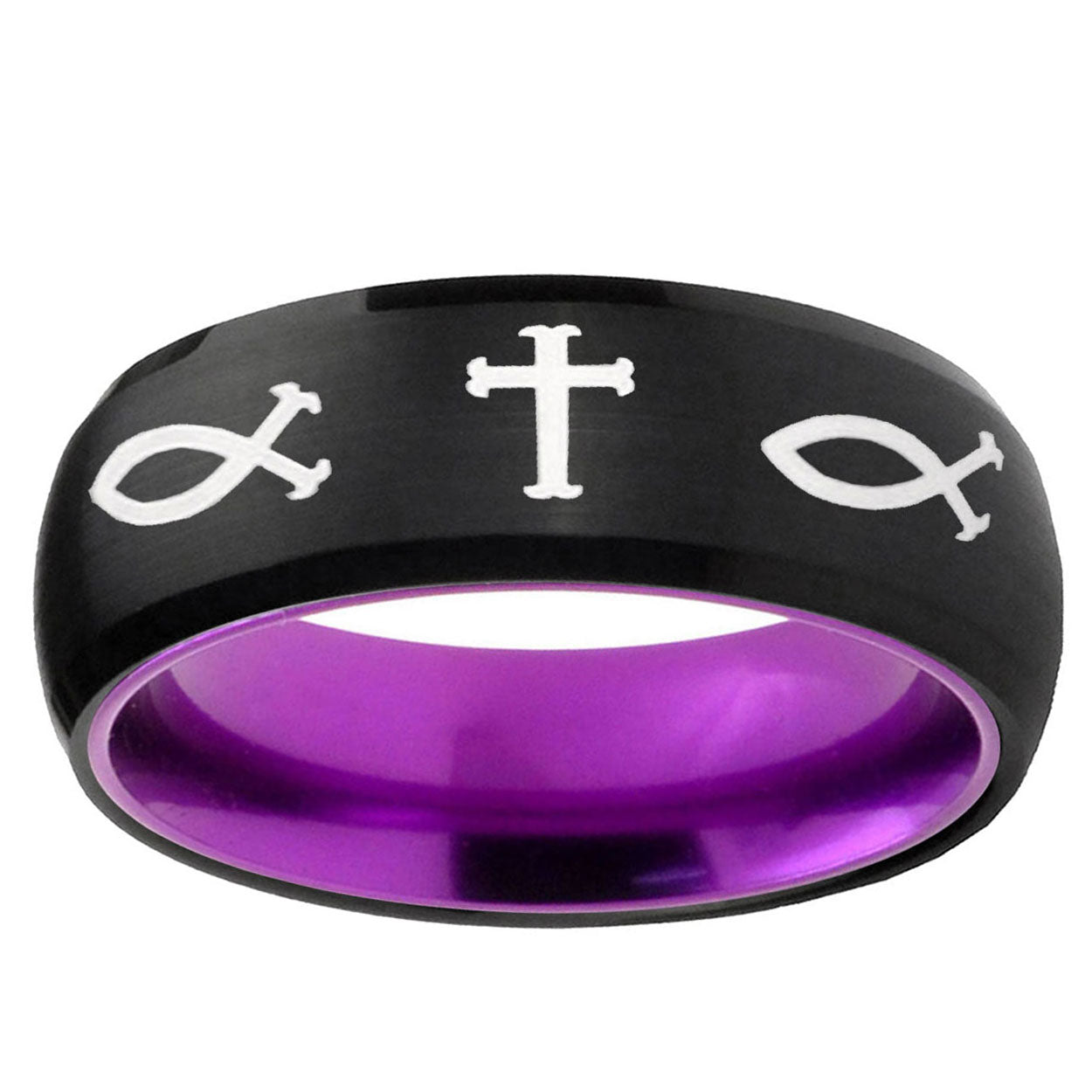 Fish & Cross Dome Black And Purple Tungsten Wedding Band