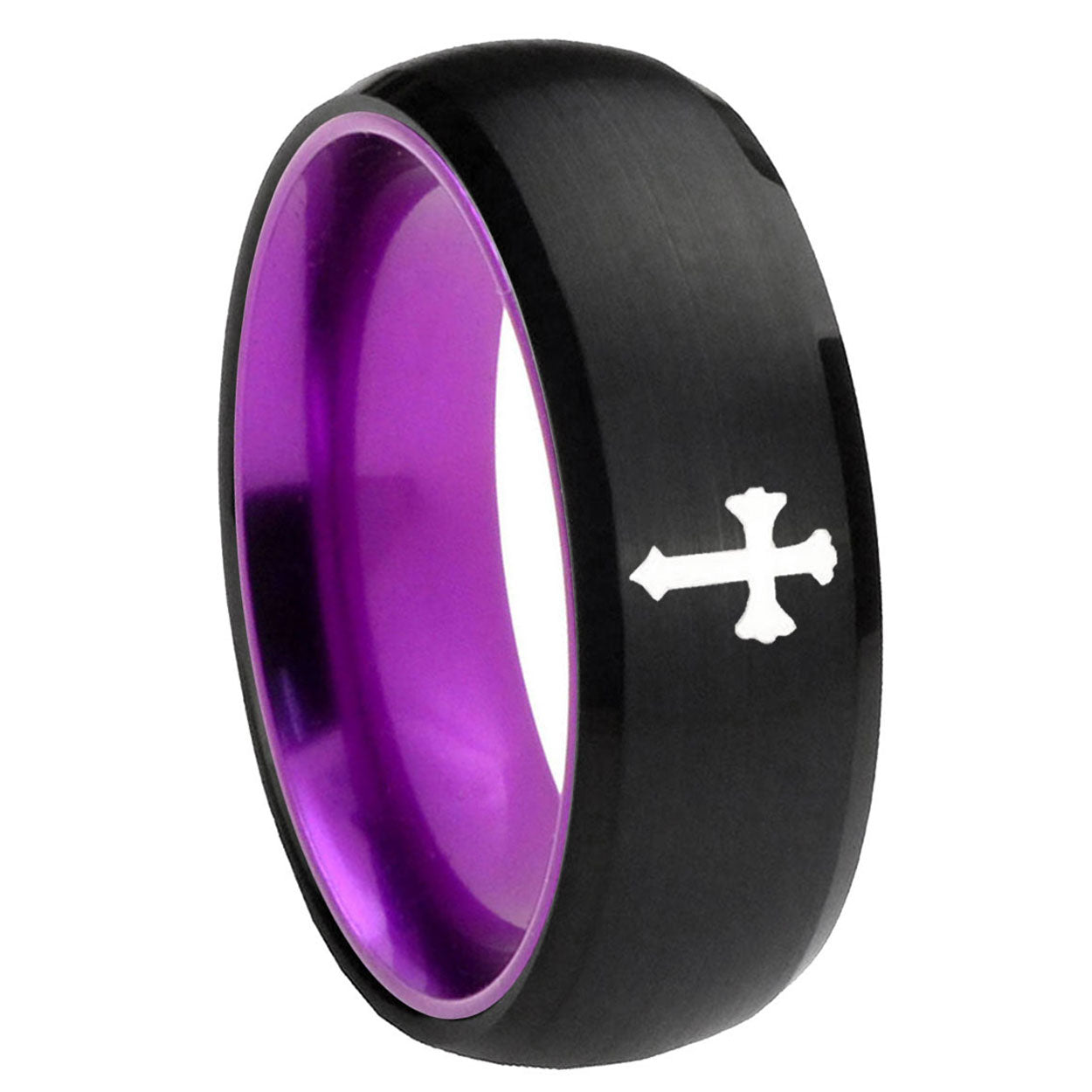 8mm Flat Christian Cross Dome Black Purple Tungsten Custom Ring