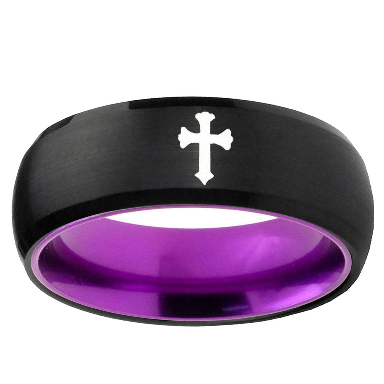Flat Christian Cross Dome Black Purple Tungsten Custom Ring