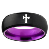 Flat Christian Cross Dome Black And Purple Tungsten Custom Ring
