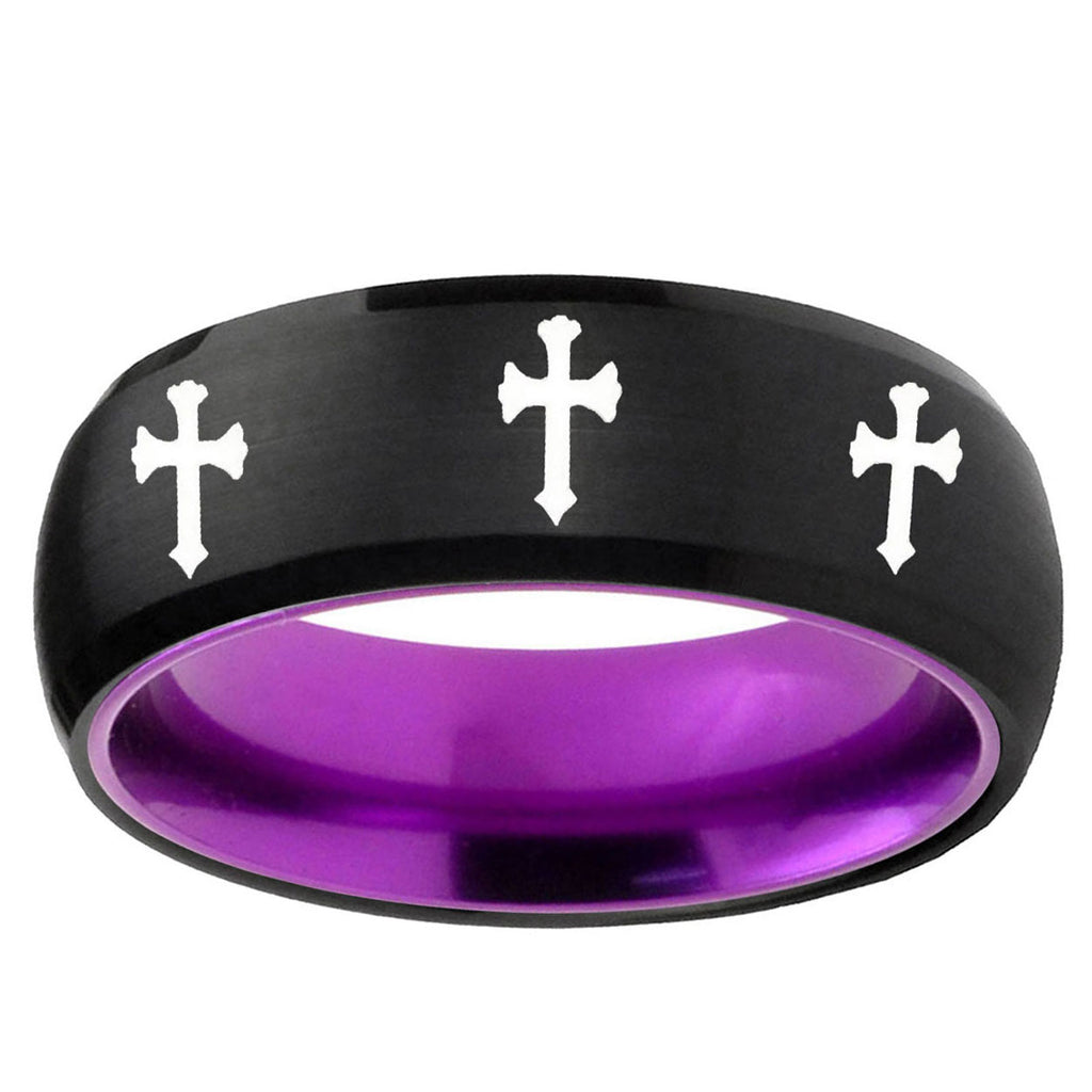 Multiple Christian Cross Dome Black Purple Tungsten Ring