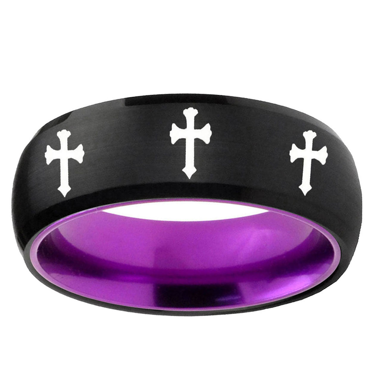 Multiple Christian Cross Dome Black Purple Tungsten Ring
