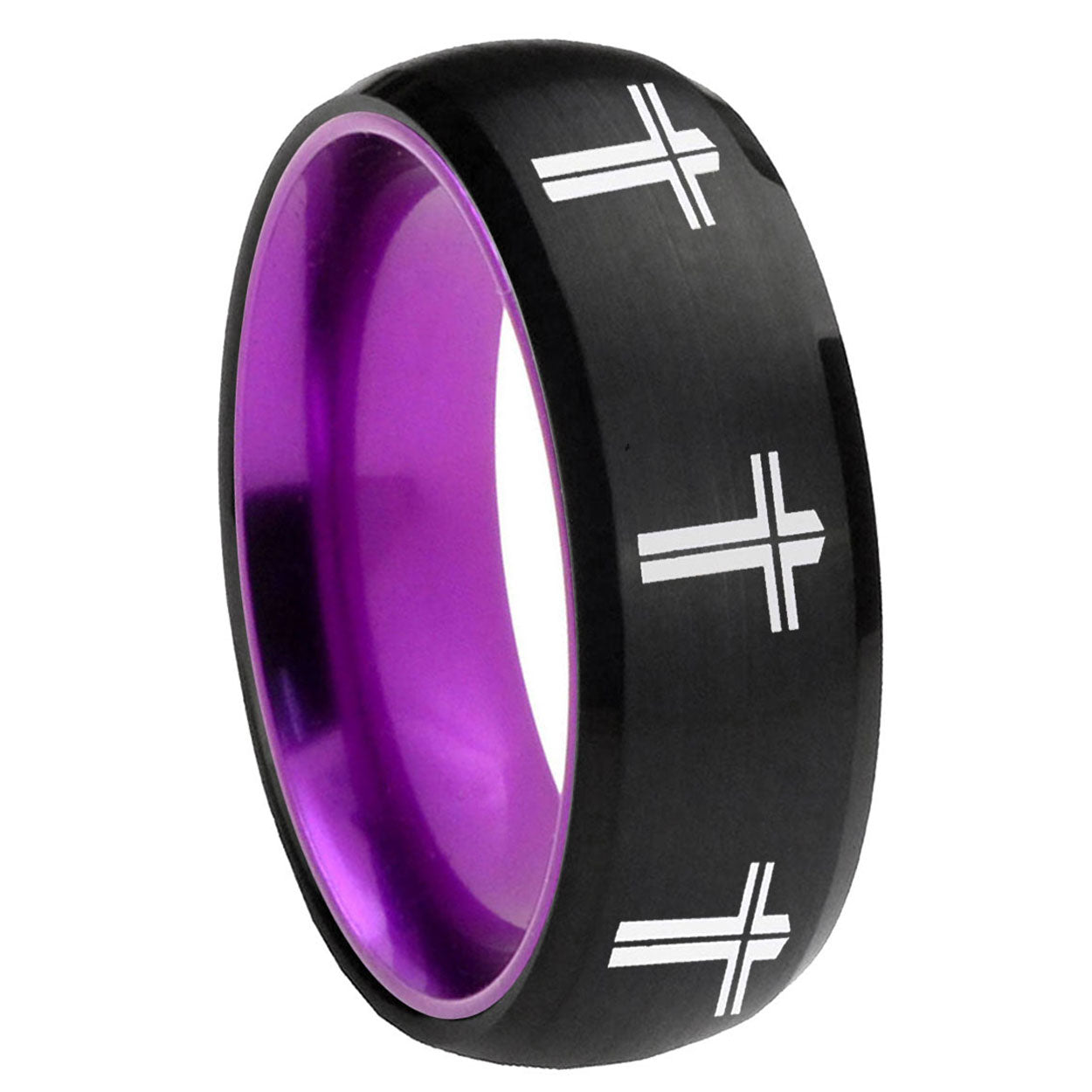 8mm Multiple Christian Cross Dome Black Purple Tungsten Ring