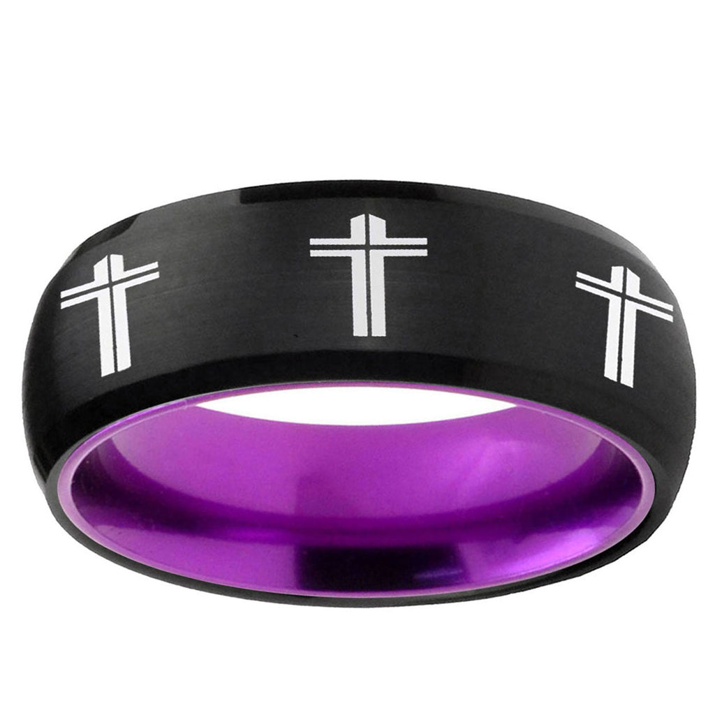 Multiple Christian Cross Dome Black Purple Tungsten Ring